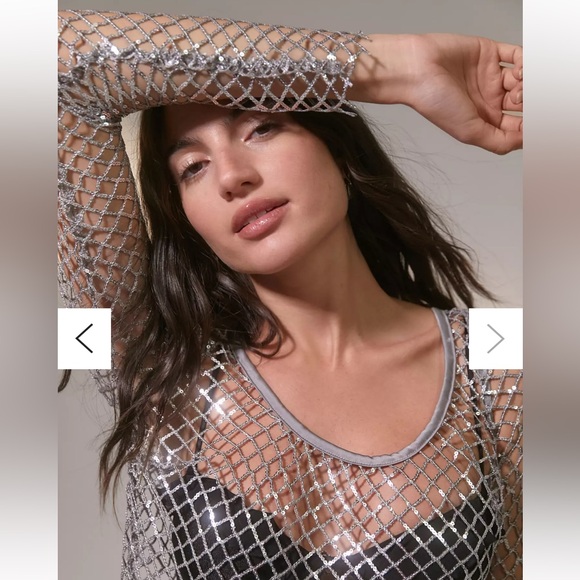 For Love & Lemon’s Fawn long sleeve silver sparkling fishnet dress NWT - Picture 10 of 11
